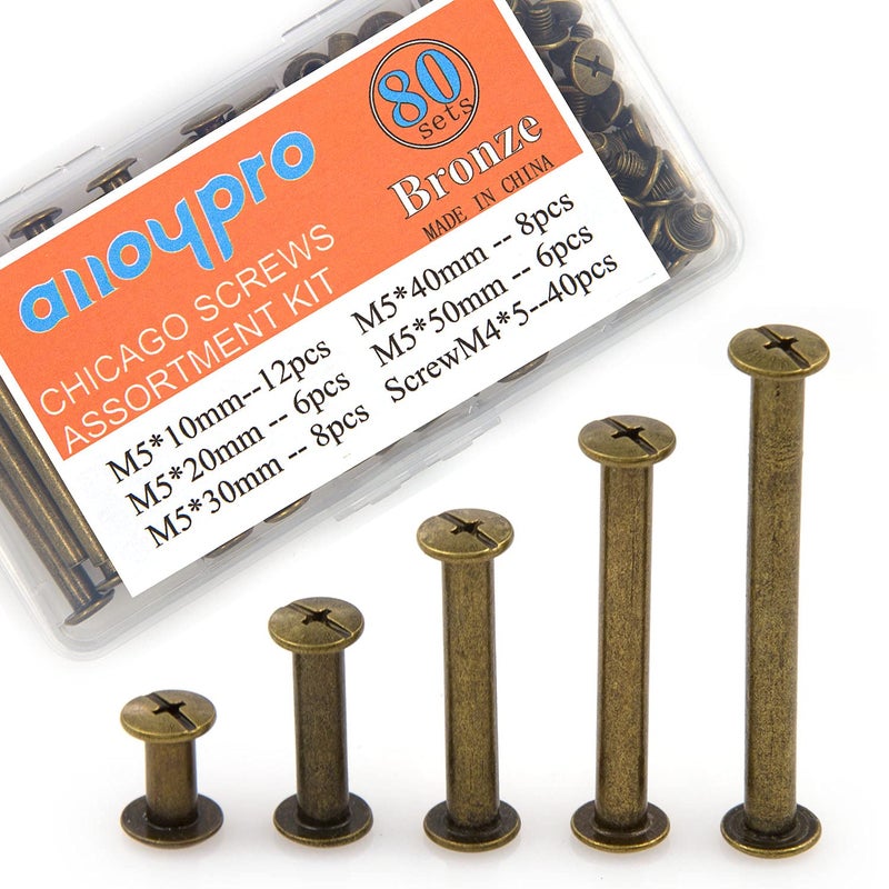 ALLOYPRO 80 Pcs Phillips Chicago Binding Screws M5 x 10/20/30/40/50mm Bronze Scrapbook Extenders Post Binding Barrels and Screws Assortment Kit for Scrapbook Photo Albums/Book Binding - Image 1